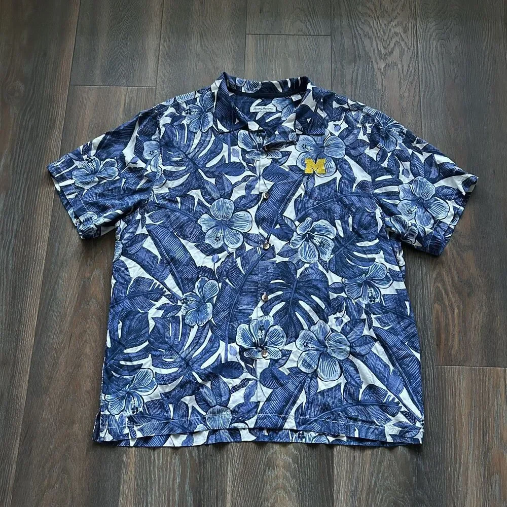 Michigan Wolverines Tommy Bahama 100% Silk Hawaiian Shirt Mens XXL Blue U of M